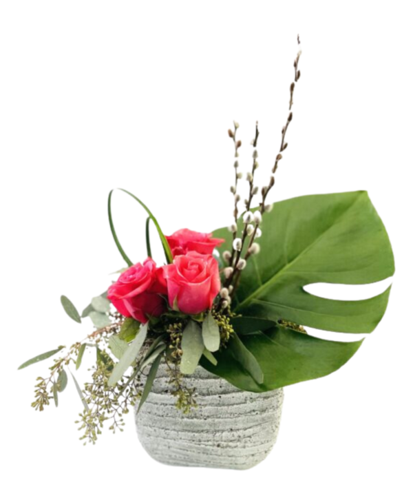 A textured gray pot holds three hot-pink roses nestled among eucalyptus sprigs and pussy willow stems. A large monstera leaf fans out behind, with slender grass loops adding height.