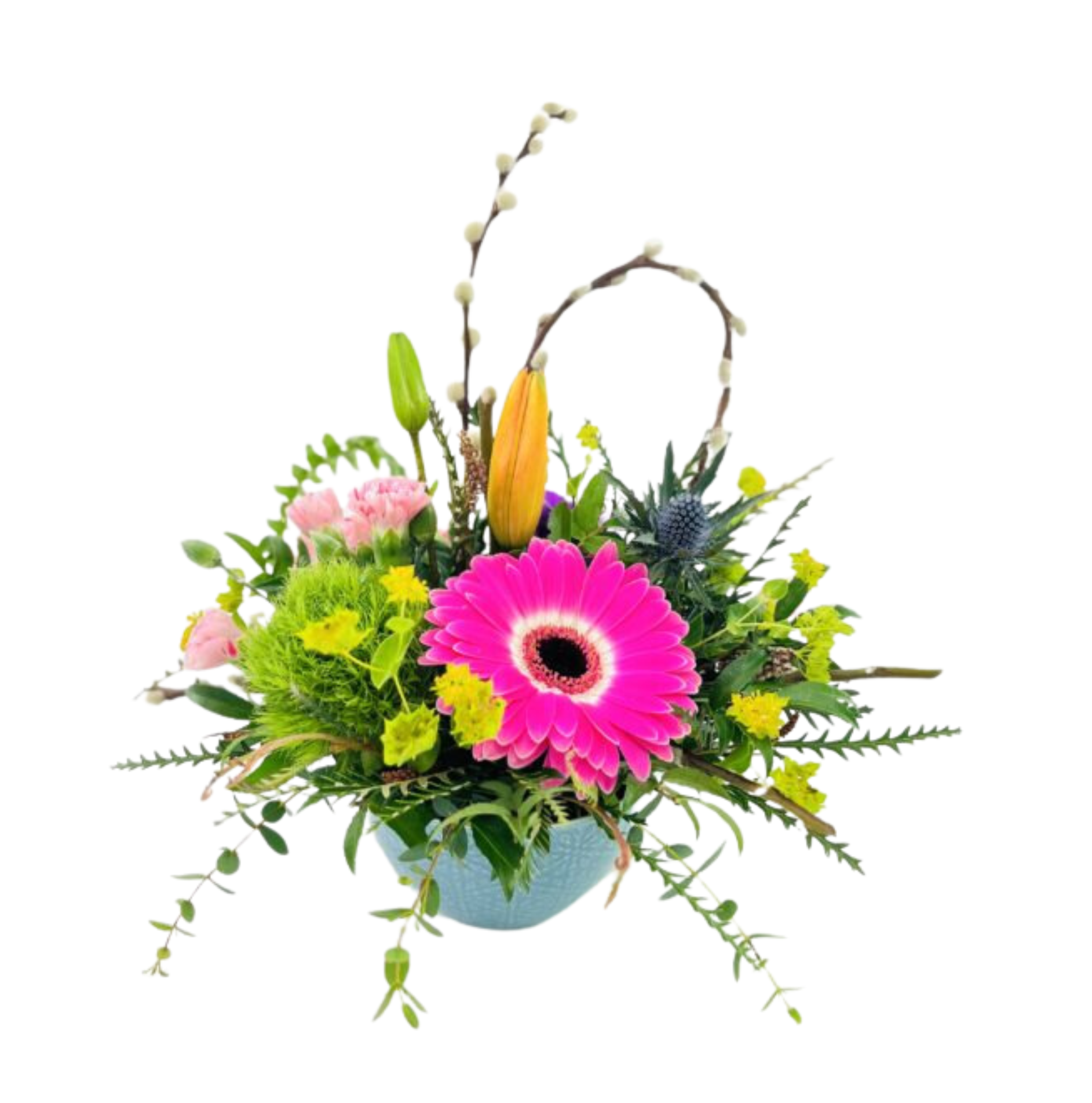 A shallow turquoise bowl holds a low, springtime arrangement. A bright pink gerbera daisy sits front center, backed by a fuzzy green dianthus and small yellow Lady’s Mantle blooms. To the left, pink spray carnations nestle against greenery, while an orange Asiatic lily bud stands upright toward the back. Spiky blue thistle, fuzzy pussy willow loops, and fern fronds extend upward and outward. Eucalyptus and assorted leafy foliage cascade over the bowl’s rim, creating a lush, asymmetrical silhouette.