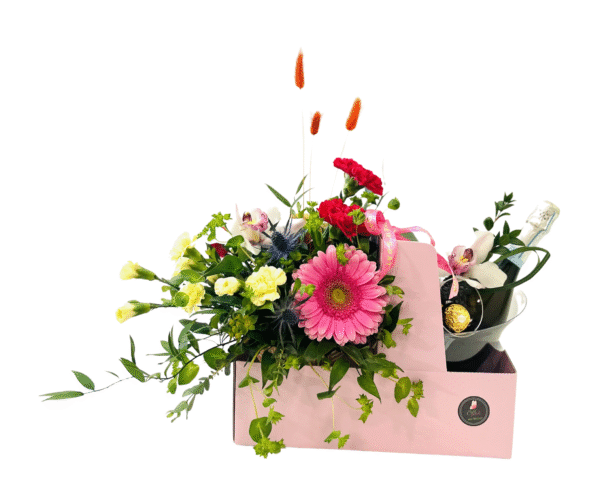 A rectangular pink gift box holds a lush mixed bouquet and a small ice bucket with champagne and chocolates. The arrangement features a large pink gerbera daisy at front center, clusters of red carnations and pale yellow spray carnations to the left, two pink orchids nestled above, blue thistle accents, and tall stems of orange bunny tail grass rising behind. Greenery, including trailing vines and eucalyptus, spills over the box’s edges. On the right side, a clear ice bucket cradles a bottle of sparkling wine and three gold-wrapped Ferrero Rocher chocolates, tied with a pink “Mother’s Day” ribbon.